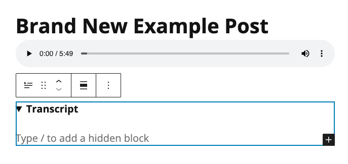 A Transcript block added to a WordPress Post